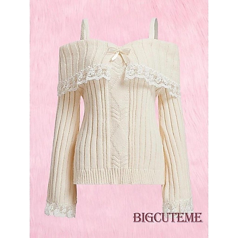 []-เสื้อสเวตเตอร์ถัก แขนยาว เปิดไหล่ ผูกโบว์ด้านหน้า สีตัดกัน สําหรับสตรี