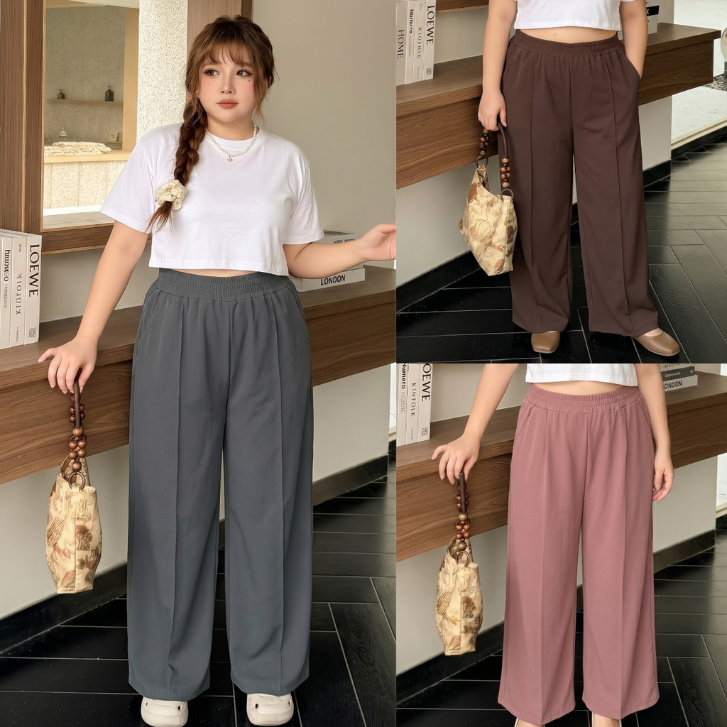 กางเกงผู้หญิงพลัสไซส์ ผ้าวูลเวฟ ขากระบอกใหญ่ แมทช์ง่าย ใส่ได้ทุกวัน