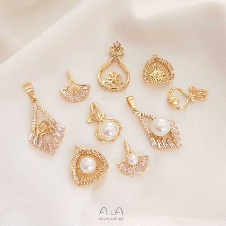 สี Retention 14K Gold-Packed diy อุปกรณ์เสริมเพิร์ลผู้ถือที่ว่างเปล่ากระเป๋าเงินพัดลมรูปสร้อยคอจี้ต่