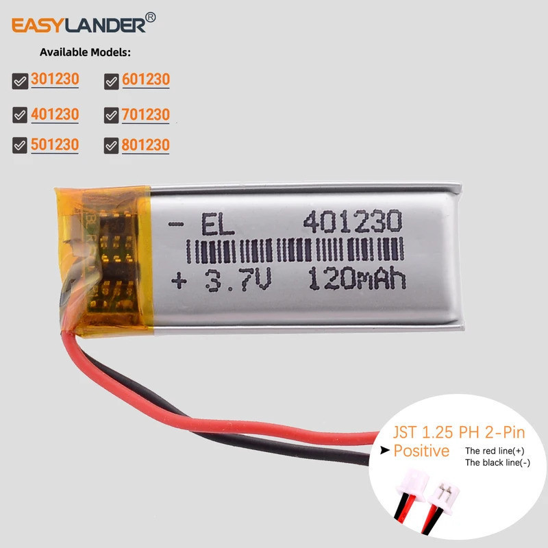 JST1.25 2P 601230 3.7V 200mAh 301230 401230 501230 701230 801230 แบตเตอรี่ลิเธียมโพลิเมอร์แบบชาร์จไฟ