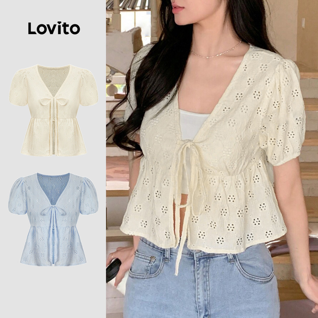 Lovito โบโฮ น่ารักเสื้อธรรมดานัวเนียเหมลูกไม้ขึ้นโบว์เสื้อสําหรับผู้หญิง L88AD175