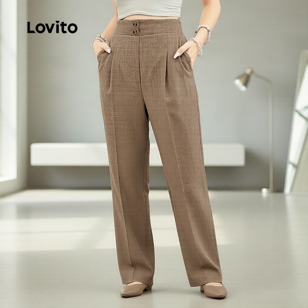 Lovito สง่างาม กางเกงขายาวผู้หญิง กระดุมหน้า ซิปหน้า สีกากี เหมาะกับฤดูใบไม้ผลิ/ฤดูร้อน L183ED1035