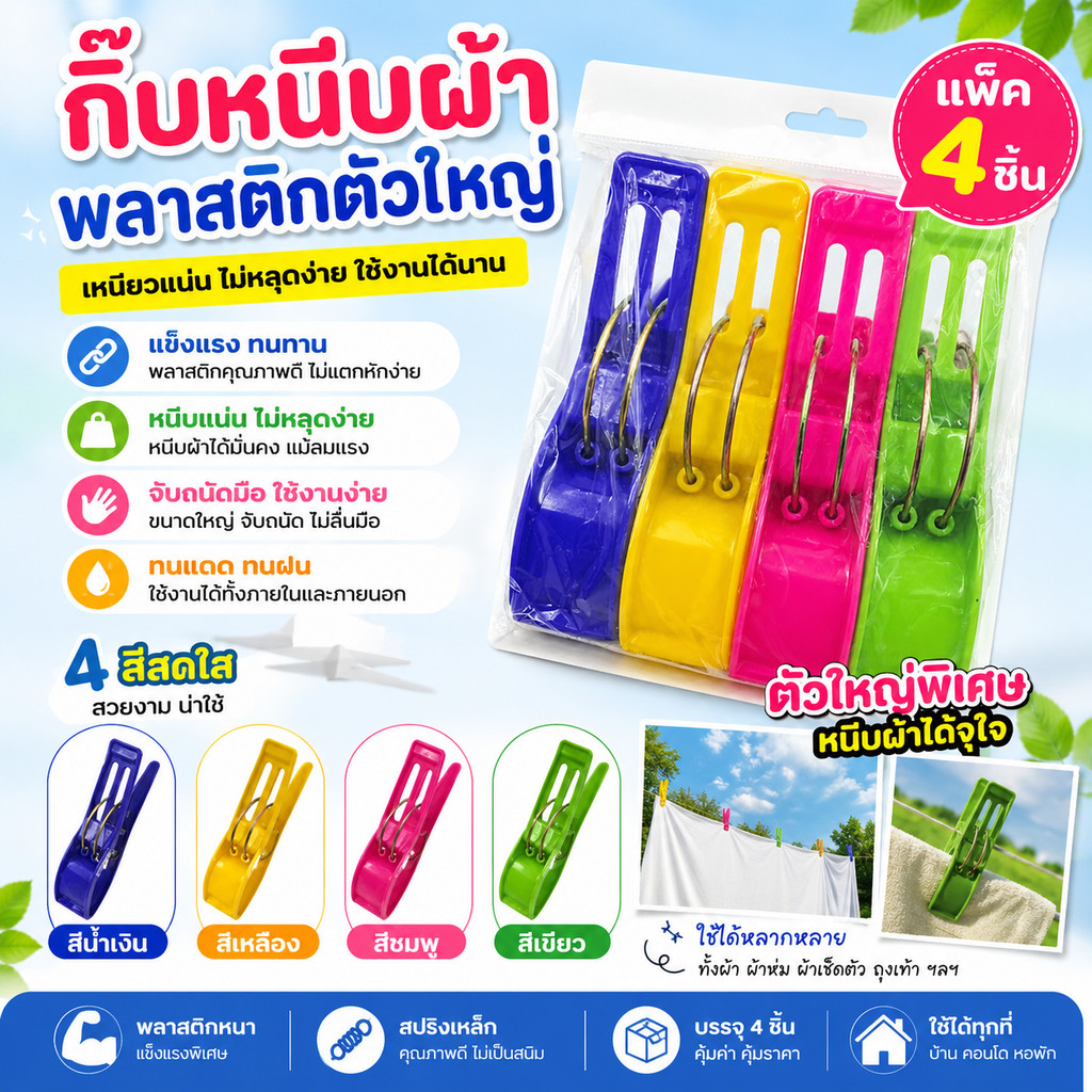 ที่หนีบผ้า กิ๊บหนีบผ้า ไม้หนีบผ้า พลาสติก ตัวใหญ่ แพ็ค 4 ชิ้น คละสี พร้อมส่ง(BY225)