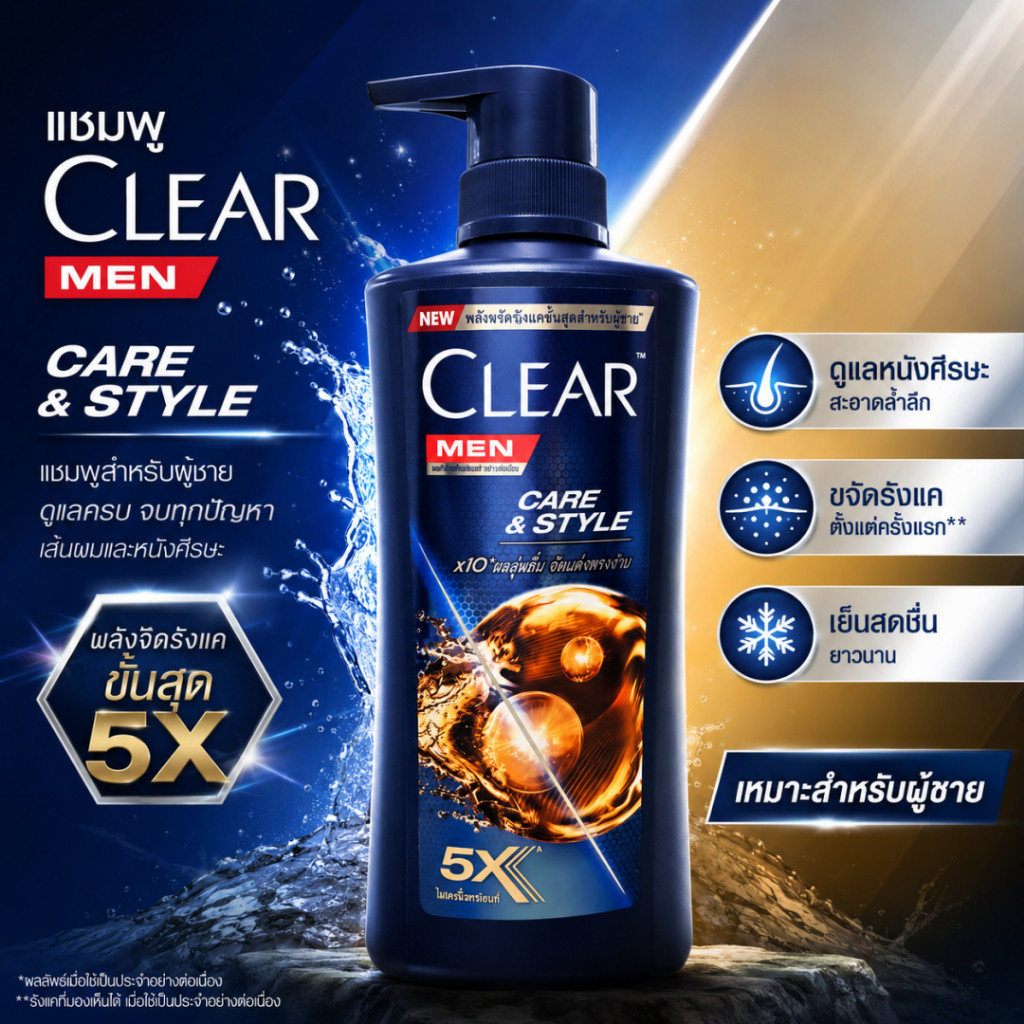 แชมพูผู้ชาย เคลียร์ MEN Care & Style สูตร5X ขจัดรังแค ลดความมันบนหนังศีรษะ ผมนุ่มลื่น 390ml