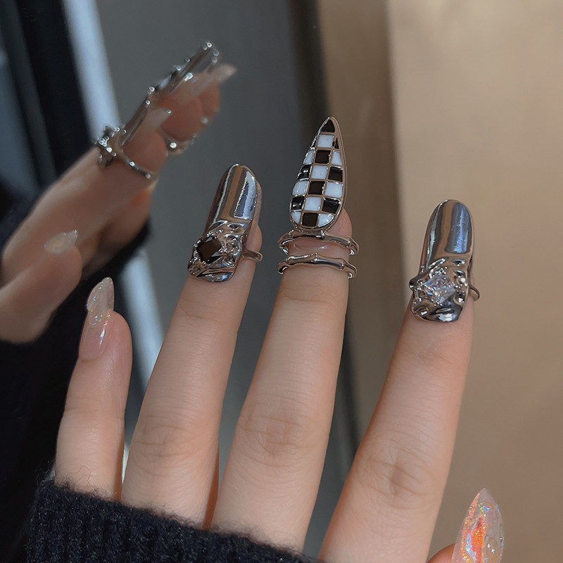 Niche Design Unique Checkerboard Open Nail Ring Sweet Cool Style Diamond Nail Ring Ring Armor Access