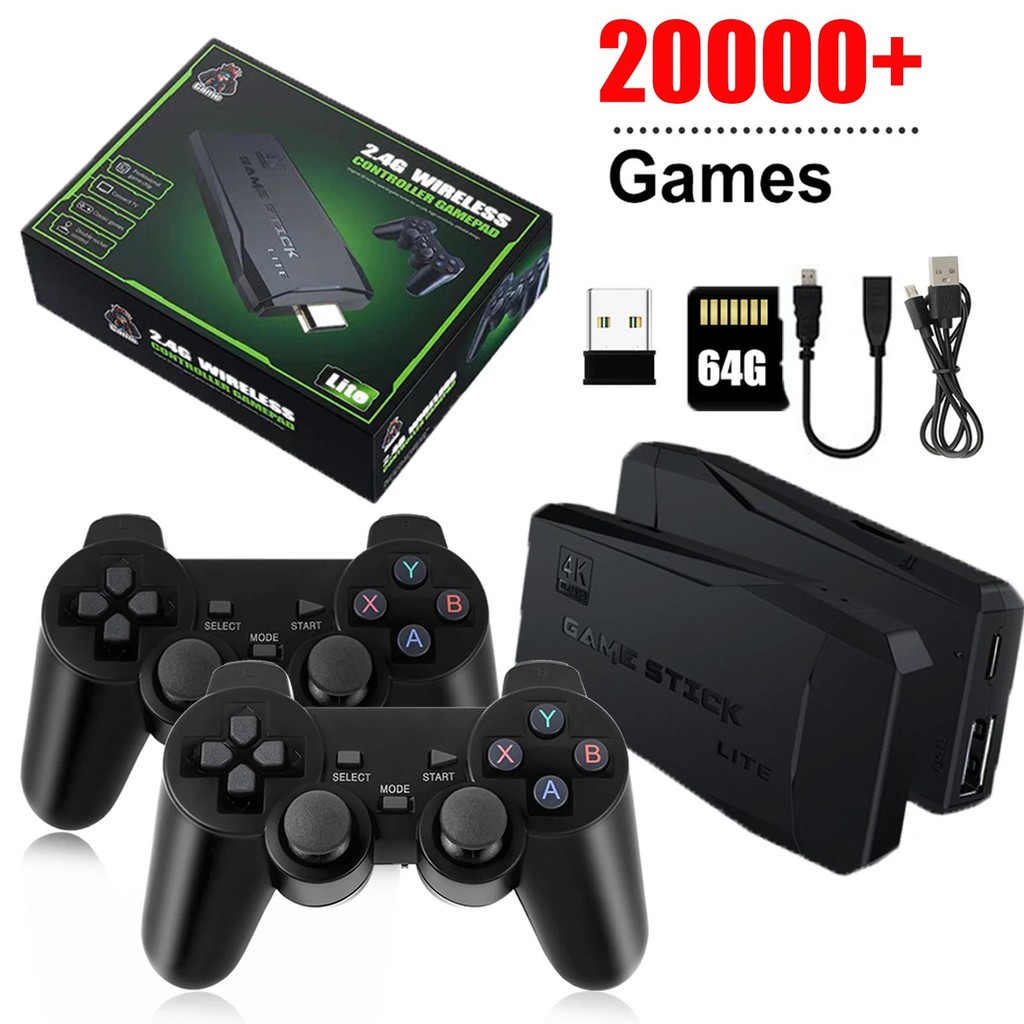 คอนโซลวิดีโอเกมในตัว 20000 + เกมRetroเครื่องเล่นเกมพกพา 64G 4KทีวีเกมStick 2.4G Wireless Controller 