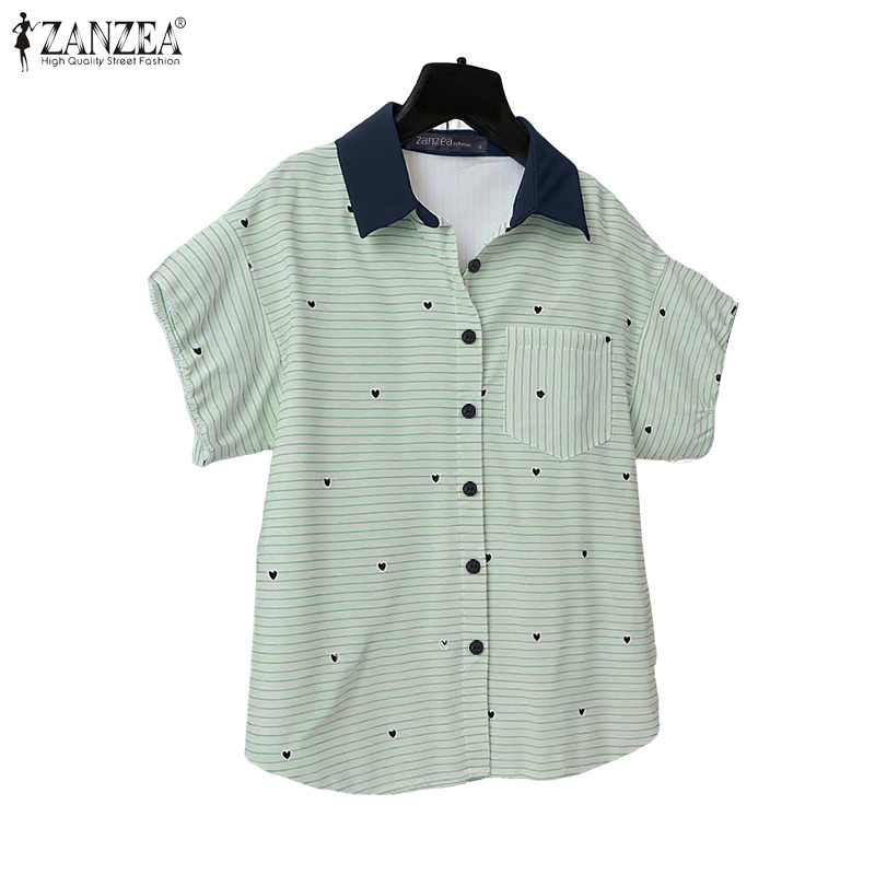 ZANZEA เสื้อเชิ๊ตผู้หญิง สไตล์เกาหลี คอเสื้อนุ่มนวลแบบพลิกขึ้นลง แขนพัฟ ลายทางสไตล์เกาหลี
