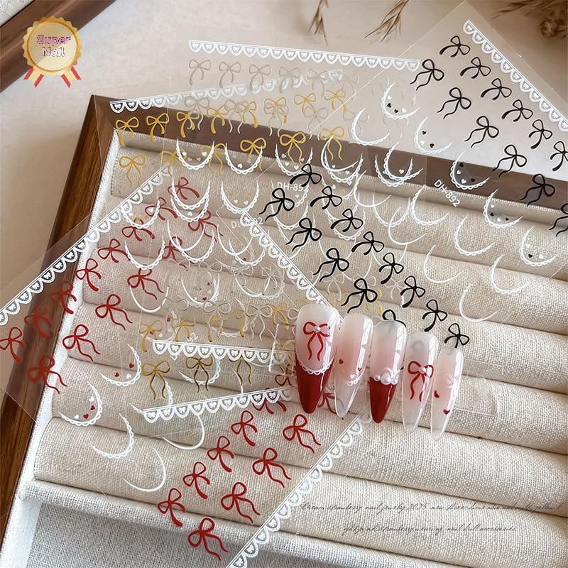 FLTH 1 แผ่นภาษาฝรั่งเศสคํา Bowknot ผ้าไหมริบบิ้นเล็บสติกเกอร์ลูกไม้ Elegant Line Soft Self กาวตกแต่งเล็บ Decal Vary