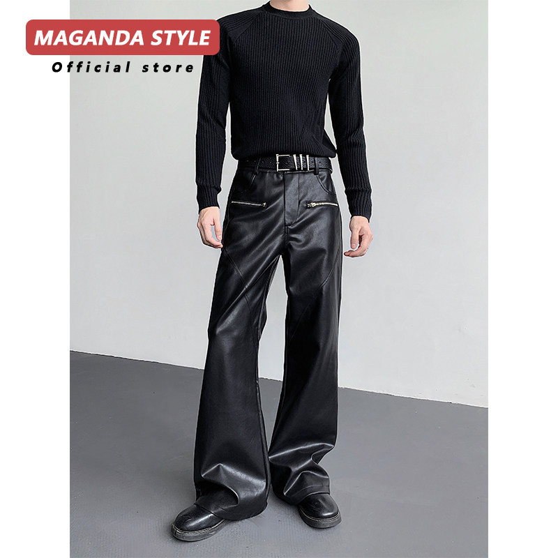 Retro High-Street Flare Pants ออกแบบด้วยซิปPU หนัง สไตล์โมโตไซค์สำหรับคนชอบพังค์