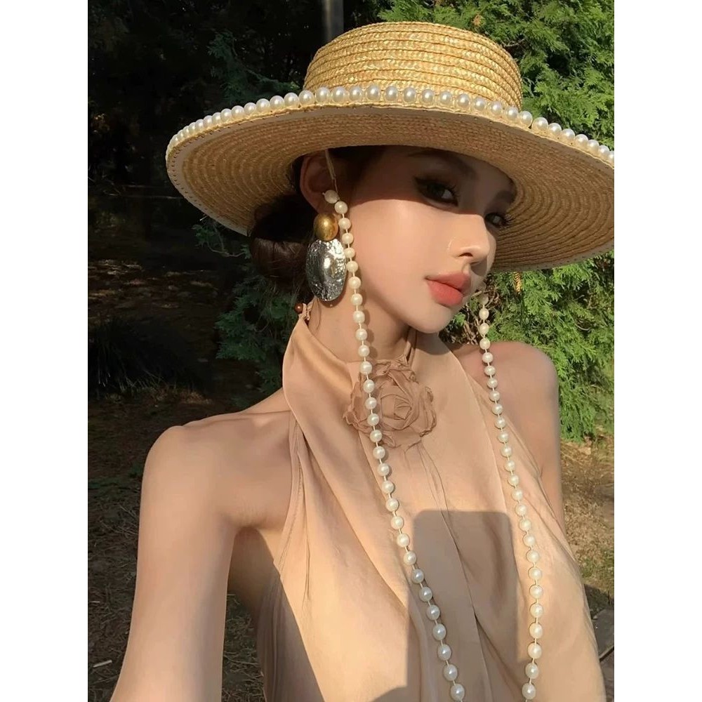 ต่างหูมุกฝรั่งเศส พร้อมหมวกฟางทรงแบนสำหรับผู้หญิง เหมาะสำหรับริมทะเลและการพักผ่อนในวันหยุด