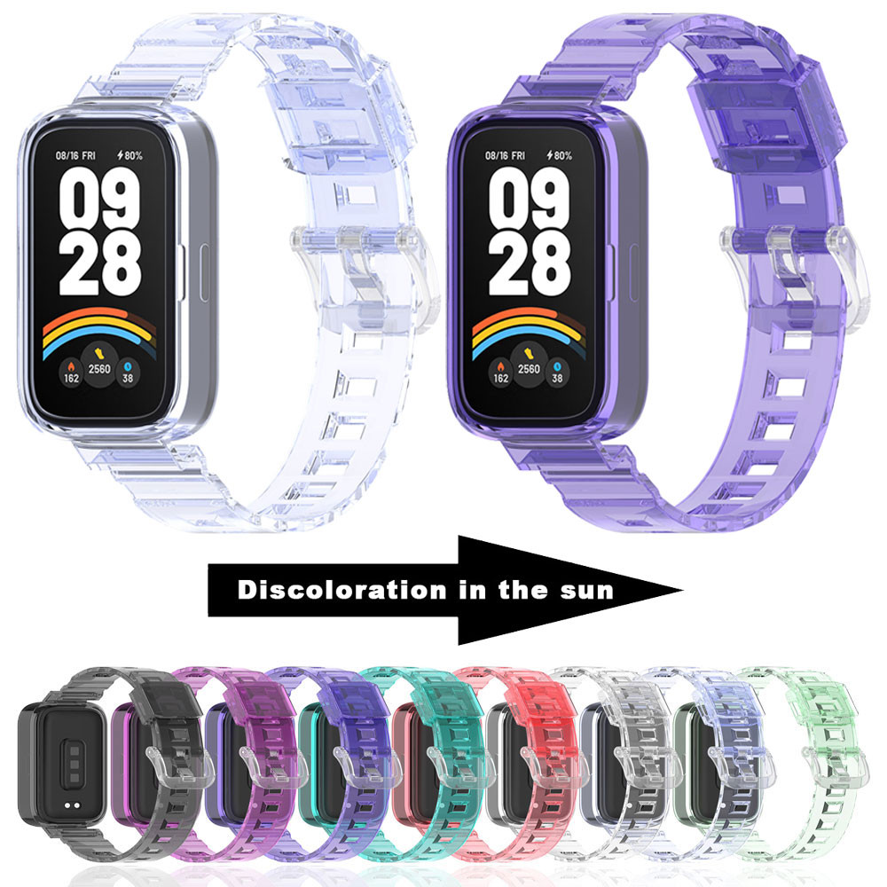 สีโปร่งใสสายนาฬิกาสําหรับ For Redmi Band 3 สายรัดข้อมือสร้อยข้อมือ SmartWatch Watchband เปลี่ยนสีแสงแดดสําหรับ for Xiaomi Band 9 Active