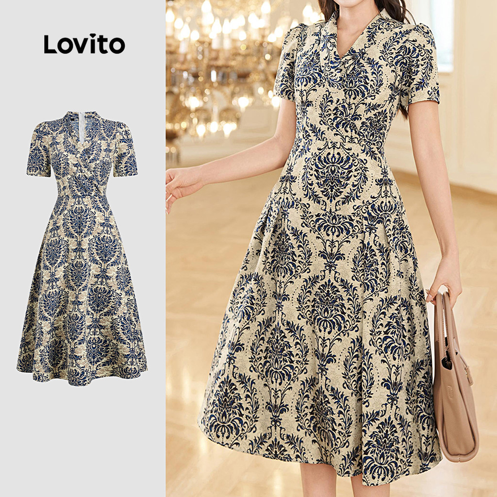 (New) Lovito ชุดเดรสย้อนยุคสำหรับเดินทางในฤดูใบไม้ผลิ/ฤดูร้อน สไตล์สบาย ๆ สำหรับผู้หญิง L149ED183