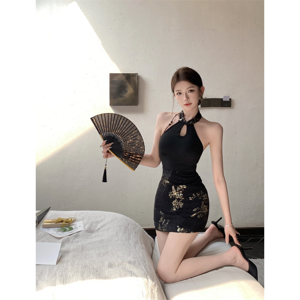 ชุดผู้หญิงสไตล์จีน Halter Neck แบบคลาสสิกและเรียบหรู ทรงSlim-fit Jacquard A-line เหมาะสำหรับฤดูร้อน - รูปที่ 7