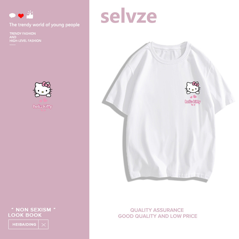 Selvze เสื้อยืด สวมใส่สบายและดูดี (การ์ตูนสบาย ๆ คิตตี้แมวรูปแบบการพิมพ์หัว) งทุกวันเสื ้ อยืดเกาหลีผู ้ ้ เสื้อยืดแขนสั้นผ้าฝ้าย ดีไซน์แฟชั่นพิมพ์ลาย 100%cotton(จัดส่งภายใน 24 ชั่วโมง) E000631