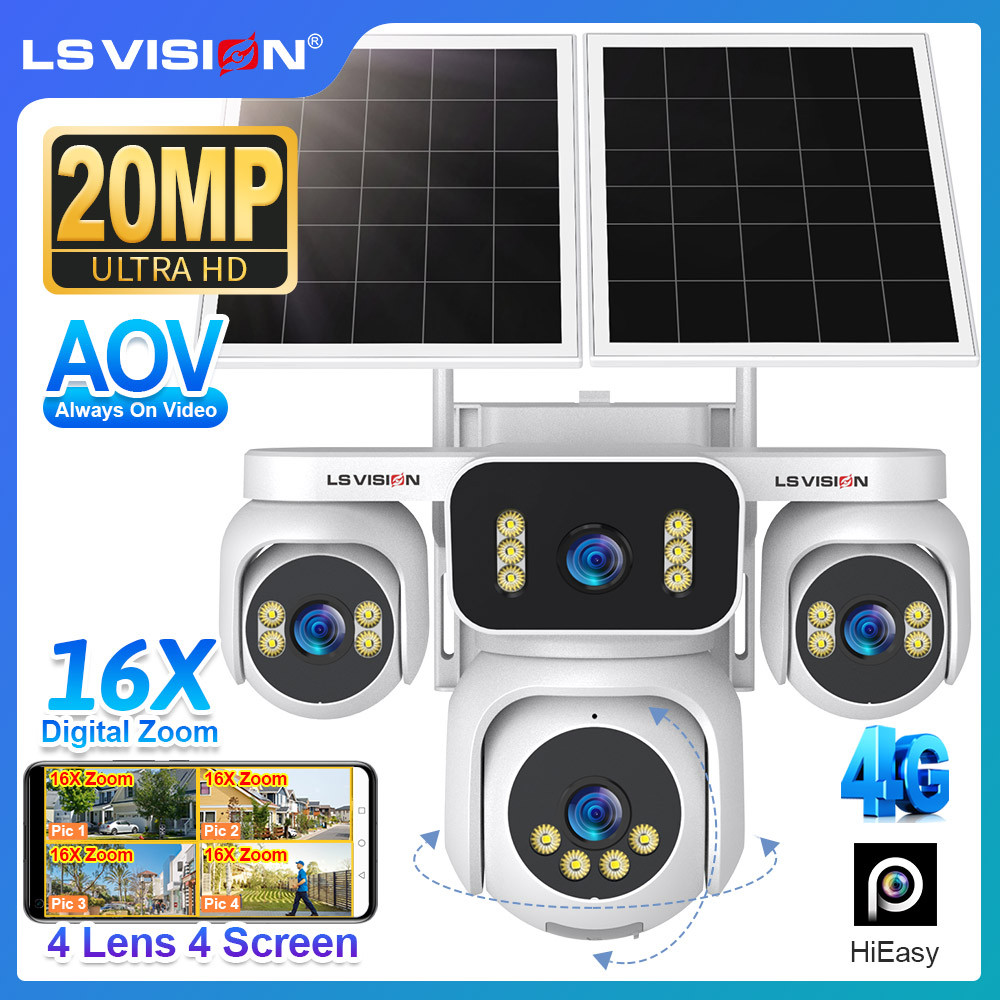 ​LS VISION AOV 4G กล้องพลังงานแสงอาทิตย์ 4K 4 หน้าจอกล้องวงจรปิด 16X ซูมดิจิตอล 16000mAh แบตเตอรี่ APP HiEasy