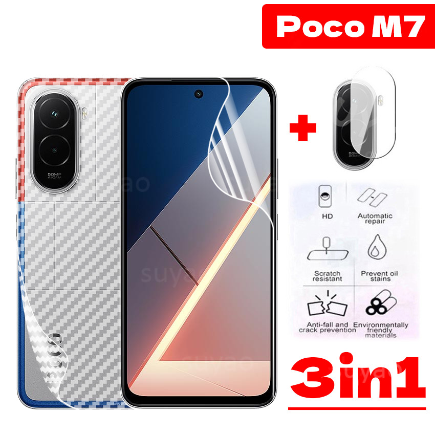 สําหรับ Xiaomi Poco M7 4G 2025 ฟิล์มไฮโดรเจลด้านหน้า PocoM7 M8 Pro X8 PocoM7Pro โทรศัพท์กลับฟิล์มคาร์บอนไฟเบอร์เลนส์กล้อง Clear Screen Protector เคลือบป้องกันดูคลุมทั้งหมด