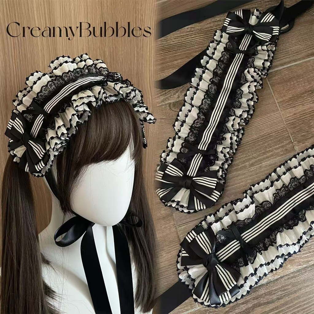 เครื่องประดับคาดศีรษะสไตล์ญี่ปุ่นโลลิต้าสีดำ ลายลูกไม้พร้อมโบว์ น่ารักและหวาน