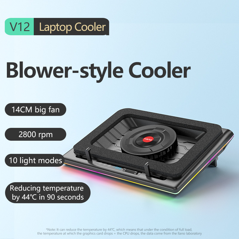 Llano V12 พัดลมเทอร์โบทรงพลัง 2800 RPM RGB แล็ปท็อปคูลเลอร์ความเร็วตัวแปรที่ไม่มีที่สิ้นสุดสําหรับระ