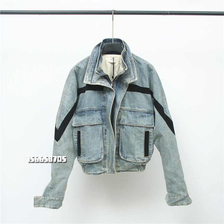 High Street Fear of god FOG 6TH Washed Distressed Quilted Denim Jacket Jacket สั้นฤดูหนาวผู้ชายผู้หญ