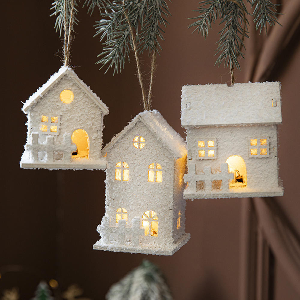 1 ชิ้น LED Lighted ไม้ Snow Village บ้าน,เครื่องประดับต้นคริสต์มาส,ในร่มสีขาว Xmas Holiday Rustic ตกแต่งที่ไม่ซ้ํากันสําหรับ Home Table Room Farmhouse ตกแต่ง