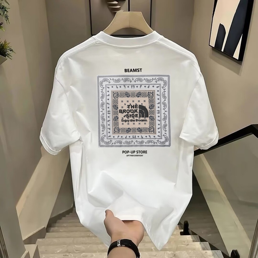 2025ins ขนาดใหญ่กลับแขนสั้นแบรนด์อินเทรนด์ชายเสื้อยืดเสื้อยืดสไตล์อเมริกัน 23new ฤดูร้อนรอบคอ High-E