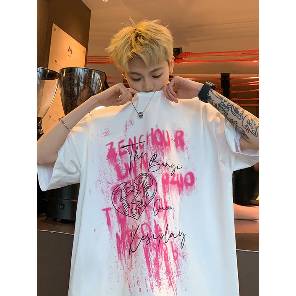 ใหม่ชายเยาวชนสไตล์ใหม่2025 คู่แขนสั้น Heavy 23 ฤดูร้อน NEW2025 หลวม 2025 เสื้อยืด All-Match สีขาวผ้า