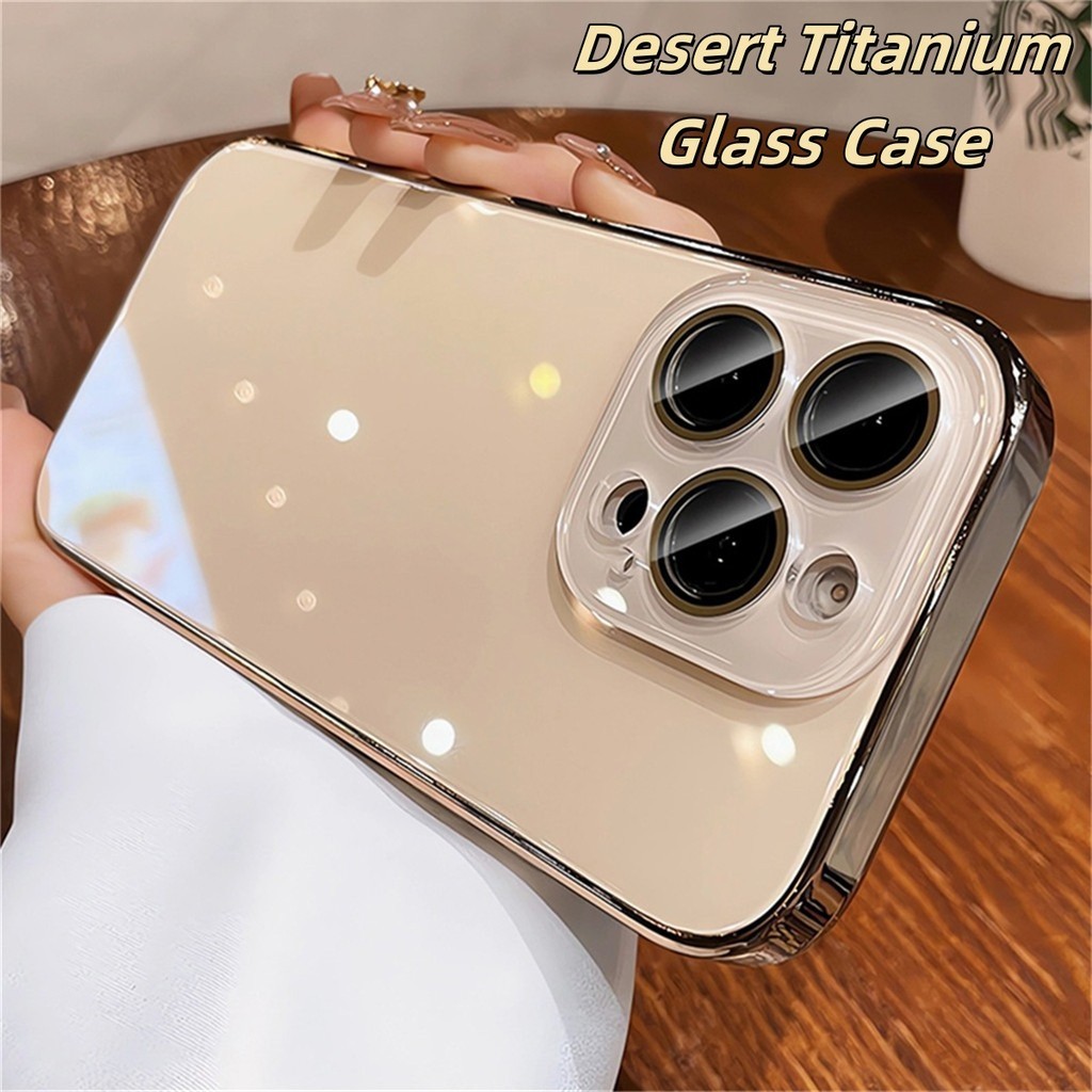 หรูหราใหม่ไทเทเนียมโลหะและกระจกเคสโทรศัพท์คริสตัลป้องกันกล้องเต็มรูปแบบ-AG Frosted Glass Back สําหรับ iPhone 12/13/14/15/16 Pro Max