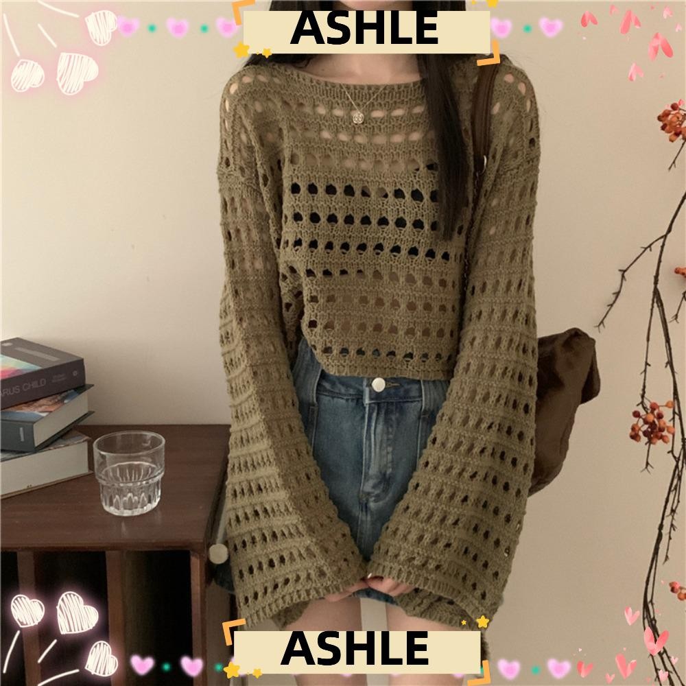 ASHLE Hollow Out เสื้อเบลาส์ แขนยาวหลวม O-คอ สไตล์ Y2K สำหรับชายหาด