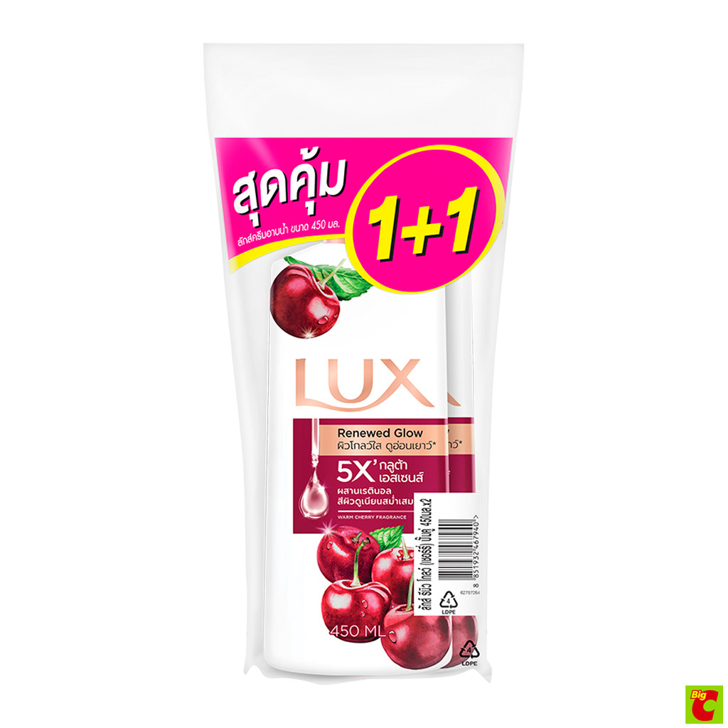 ลักส์ สบู่เหลวสูตร รีนิว โกลว์ กลิ่นวอร์ม เชอรี่ 450 มล. แพ็ค 1+1