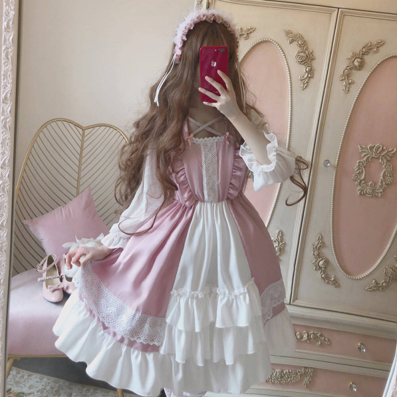 เสื้อผ้าผู้หญิง Soft Girl Lolita Lolita Lolita ชุดน่ารักนักเรียนทุกวันกระโปรงแขนยาว op ชุด#9.19#