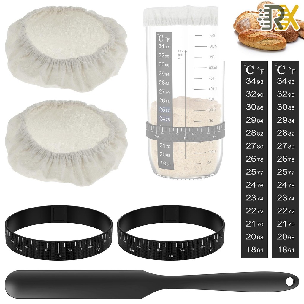 7 ชิ้น Sourdough Starter Kit Sourdough Starter อุปกรณ์เสริมผ้าครอบคลุมอุณหภูมิและวันที่ Marked Feedi