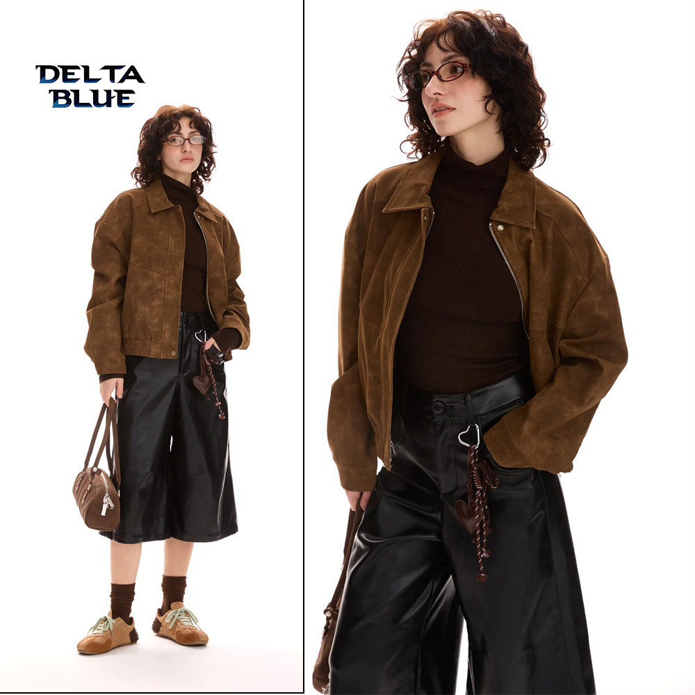 DELTA BLUE[ส่งฟรี] เสื้อแจ็คเก็ตผู้ชายหนังกลับ [ทรงหลวม+ซิปปกปรับได้] สไตล์มินิมอลโมโนโครม 2025 เนื้อผ้านุ่ม ใส่เที่ยวทะเล/สตรีท #แฟชั่นผู้ชาย #แจ็คเก็ตหนังกลับ"