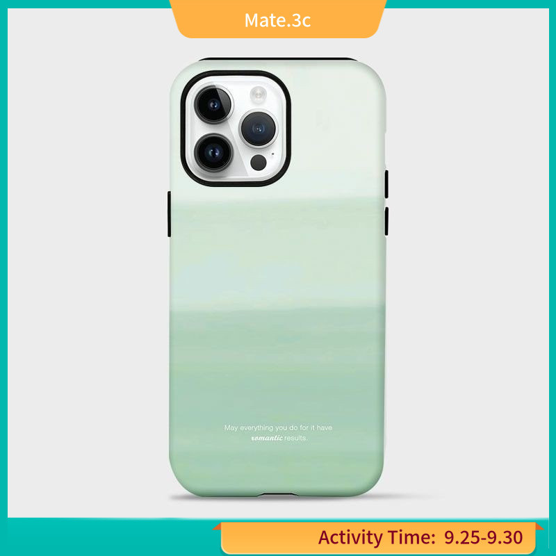 เคสโทรศัพท์มือถือ ฟิล์มสองชั้น ขอบกลม ไล่โทนสี สีเขียว สไตล์เกาหลี สําหรับ Iphone 13 14pro 15 J7F