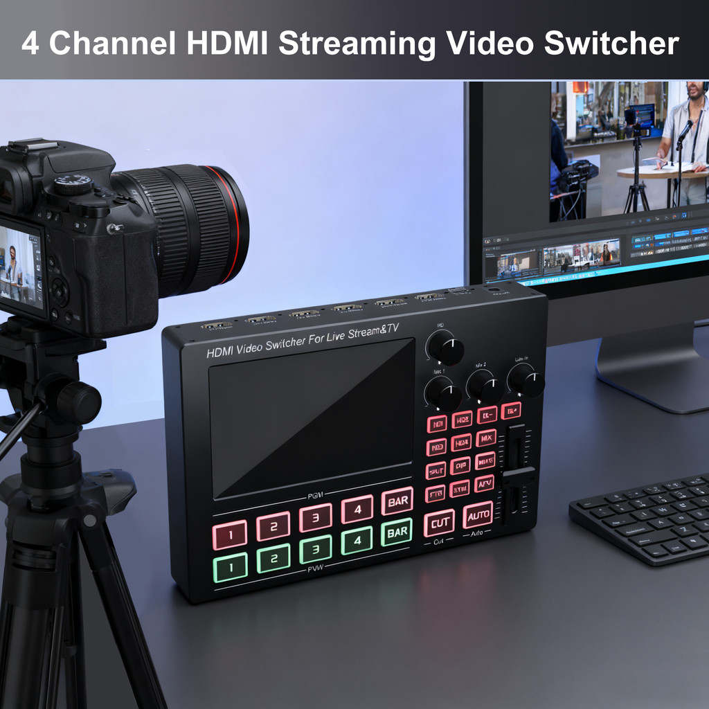 1080พี 4 ช่อง HDMI Video Switcher Mixer พร้อมหน้าจอสําหรับกล้องหลายตัว Live Streaming Video Record