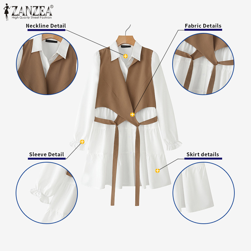 ZANZEA ซานเซีย ชุดแซนเด일 สไตล์เกาหลี ผูกเสื้อคอลสแตนดาร์ด แขนยาว เหมาะสำหรับใส่ออกงานหรือในวันหยุด — صورة 7