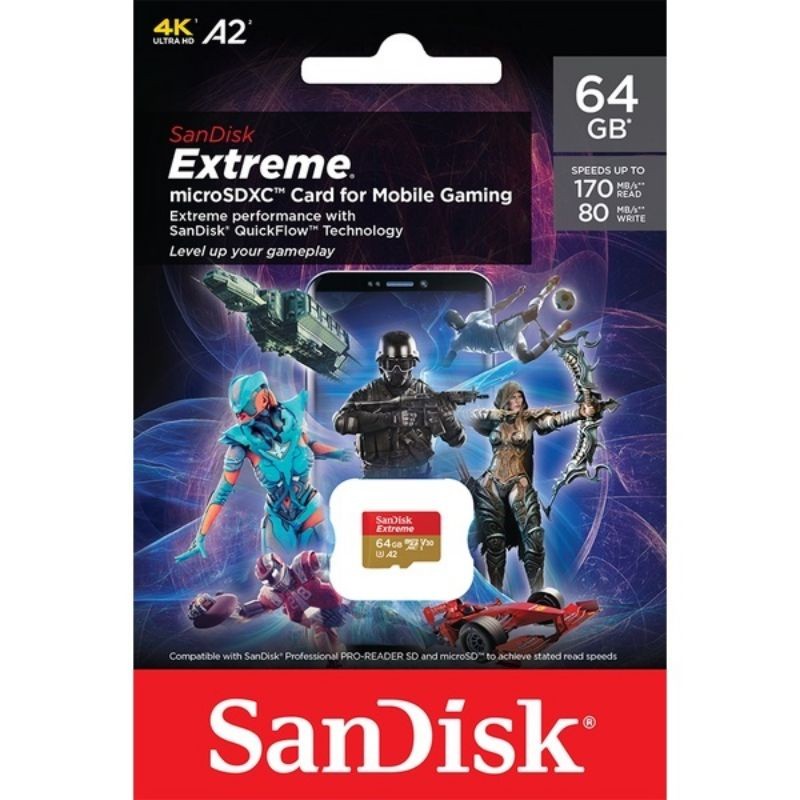SanDisk Extreme microSDXC Card V30 U3 A2 64GB 170MB/s R, 80MB/s W (SDSQXAH-064G-GN6GN*1) Mobile Gami