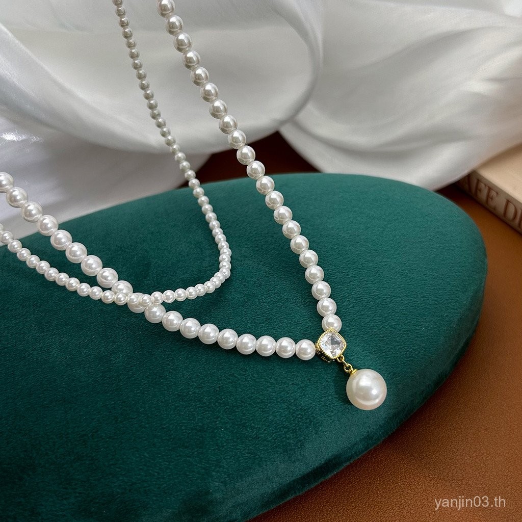 สร้อยคอมุกสไตล์ใหม่ แบบสองชั้น ประกายหรูหราพร้อมลูกปัดขนาดเล็ก Shijia Niche Clavicle Chain 4ECI