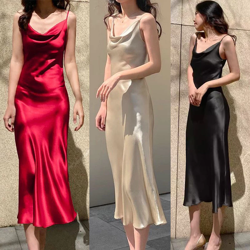 Cuties 99023 พร้อมส่งชุดเดรสคอถ่วงสายเดี่ยวผ้าซาตินอีตาลีใส่แล้วทิ้งทรงสวยชุดออกงานสวยๆ คอวี ชุดเดรสยาว Satin dress