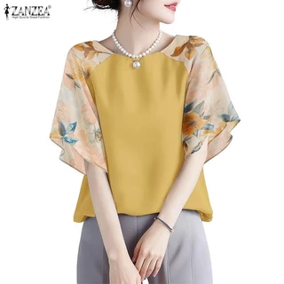 ZANZEA เสื้อผู้หญิงเกาหลีคอกลมสบาย ๆ แขนห้าส่วนแต่งระบาย ลายดอกไม้ต่อผ้า