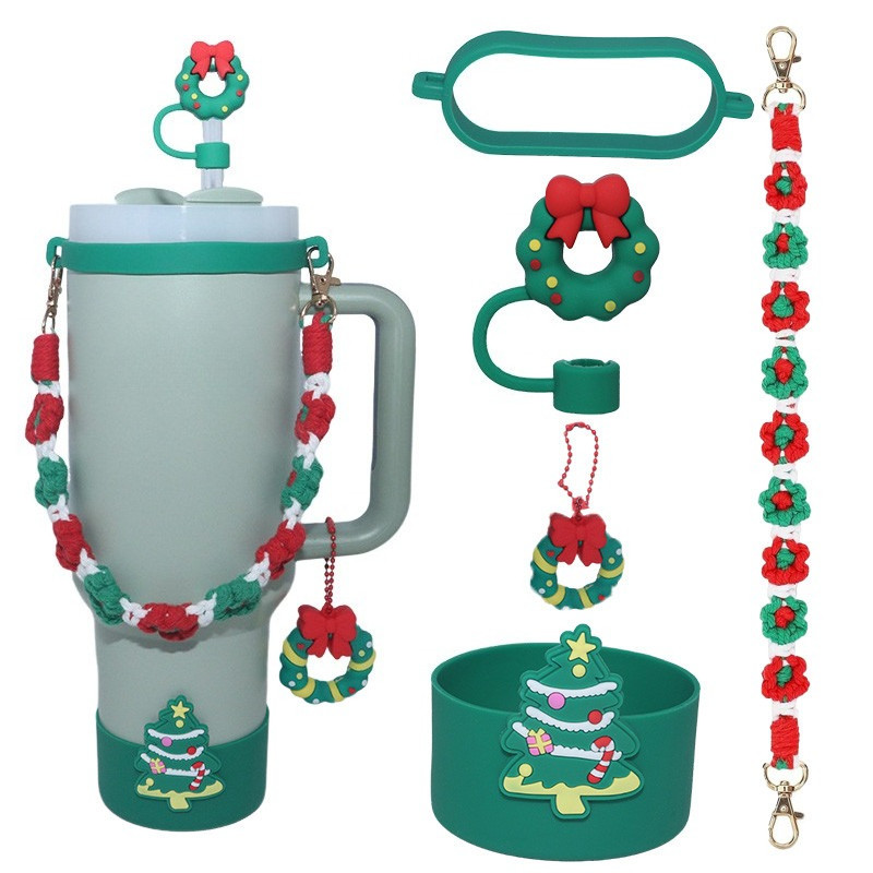 SUGAW 5pcs Christmas series Tumbler อุปกรณ์เสริม,ขวดน้ําซิลิโคน Boot & Handle Strap & Straw Cover & Charms สําหรับ Stanley Tumblers Xmas ของขวัญ