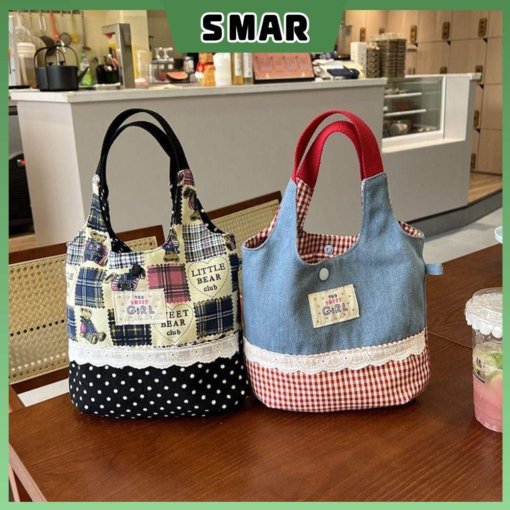SMAR Tote Bags, Denim Plaid INS Sweet Lace Handbag, Canvas Commuting Bags
