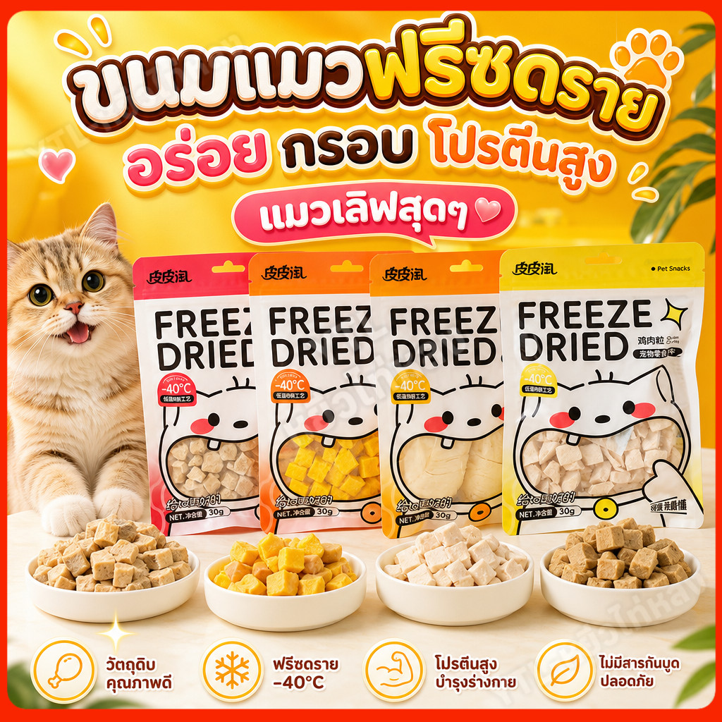 YTL ฟรีซดรายแมว อกไก่ฟรีซดราย 100% Freeze Dried ขนมแมว ขนมหมา ไก่อบแห้ง เสริมโปรตีน กลิ่นหอม
