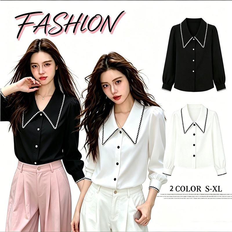 99311 เสื้อเชิ้ตแขนยาวผ้าชีฟองคอปีเตอร์แพนลูกไม้สีตัดกันใหม่สำหรับผู้หญิง สไตล์ฝรั่งเศสเก๋ไก๋ เหมาะสำหรับใส่ทำงานในช่วงต
