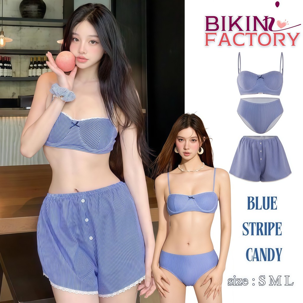 BIKINI FACTORY ชุดว่ายน้ำลายทาง พร้อมกางเกงขาสั้น บิกินี่ 3 ชิ้น มีไซส์ S-L | น้ำหนัก 38-58 กก. ส่งไวส่งด่วน Y128