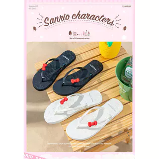 Sanrio ของแท้ที่ได้รับอนุญาต HelloKitty Flip-Flops ผู้หญิงฤดูร้อนสวมใส่ด้านนอกแบนรองเท้าแตะชายหาดลื่นน่ารักน่ารัก GHO6