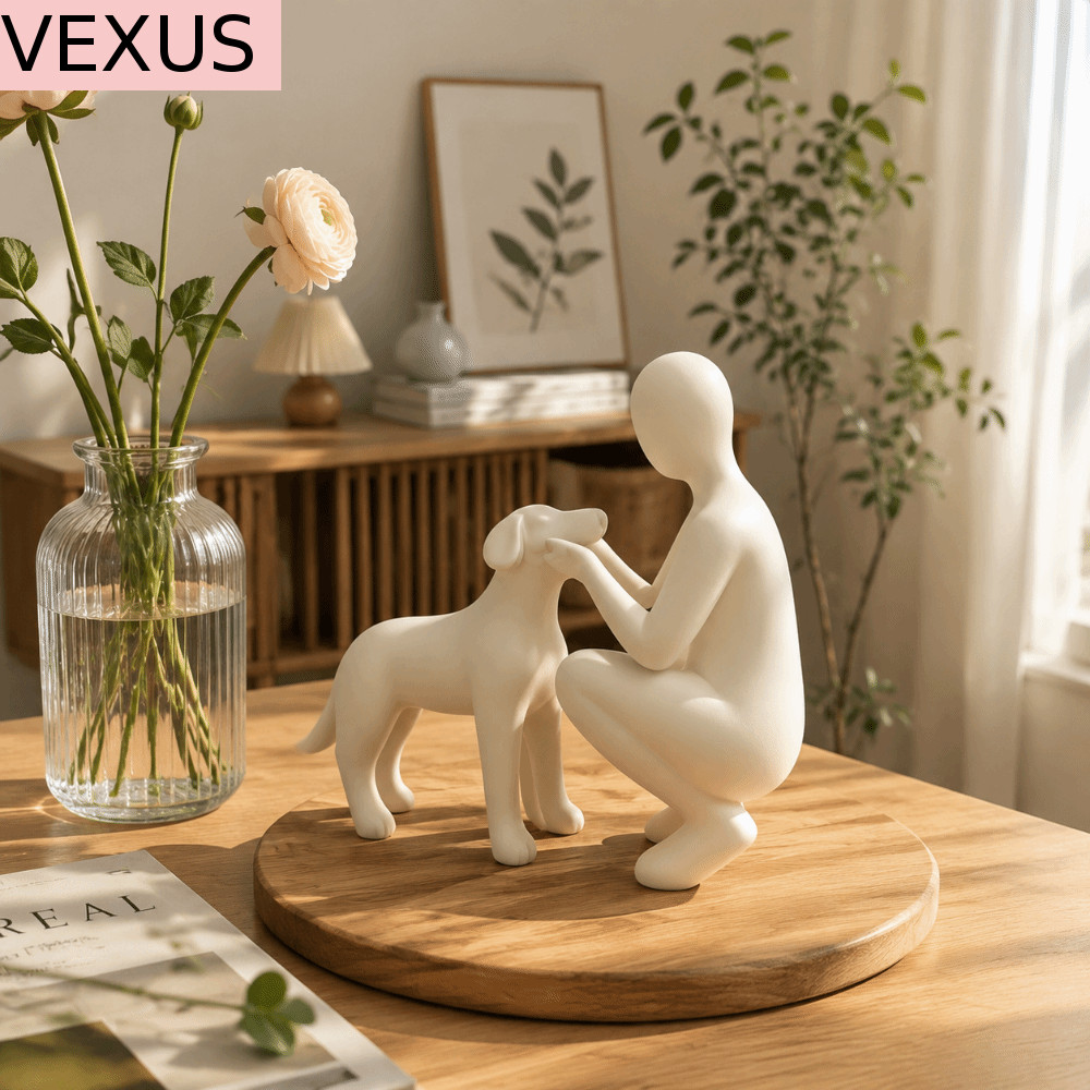 VEXUS สาวและรูปปั้นสุนัข, คนรักสัตว์เลี้ยง 3D พิมพ์น่ารักสุนัข Figurine, รูปปั้นสุนัขประติมากรรมตลก Canine รูปปั้นหัตถกรรม Nordic-สไตล์ Home Decor Office