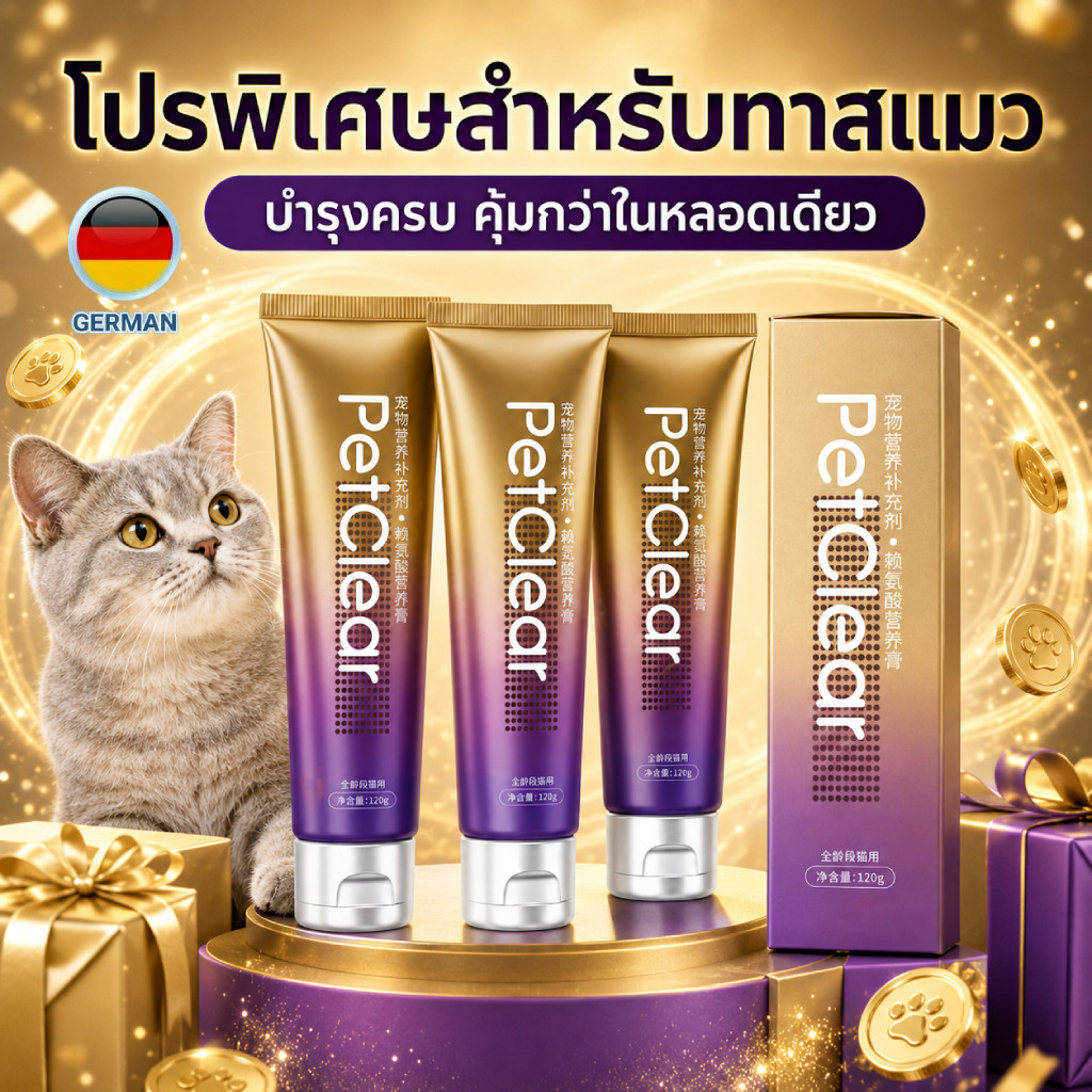 เจลบำรุงแมว PetClear 120g ไลซีนแมว กินง่าย เหมาะสำหรับแมวทุกสายพันธุ์