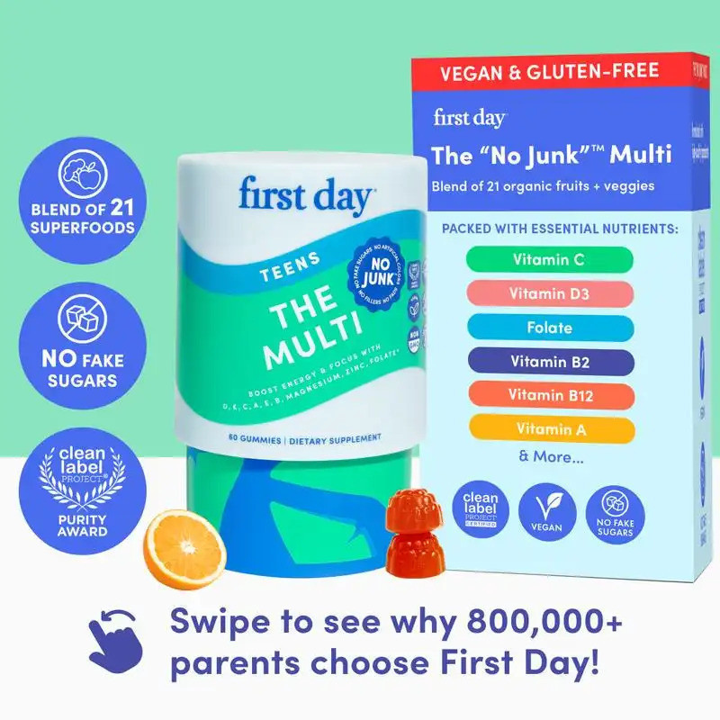 FirstDayTeens Youth Multivitamin Jelly (13-17 ปี) - ส่วนผสมอินทรีย์ บรรจุ VieBlend+Vitamin A, B1, B2
