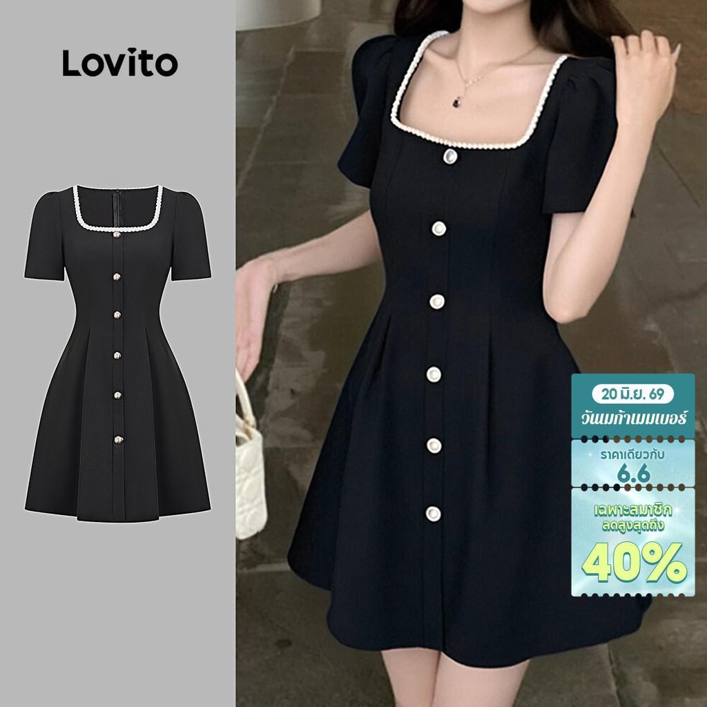 Lovito Elegant เดรสสไตล์โบโฮ เดรสสีดำสำหรับผู้หญิง ทรงคลาสสิก สวมใส่สบาย เหมาะสำหรับฤดูใบไม้ผลิ/ฤดูร้อน ติดกระดุมด้านหน้า L154ED490