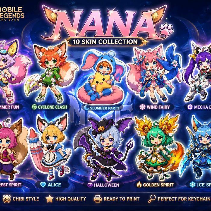 พวงกุญแจ Nana MLBB - คอลเลกชันผิว 10 ชิ้น Chibi Style-พวงกุญแจพร้อมพวงกุญแจ Unik และ Menarik - Nana 